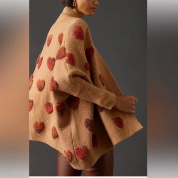Anthropologie Boucle Heart Wool Blend Knit Kimono Sweater One Size Tan Brown - Picture 3 of 15